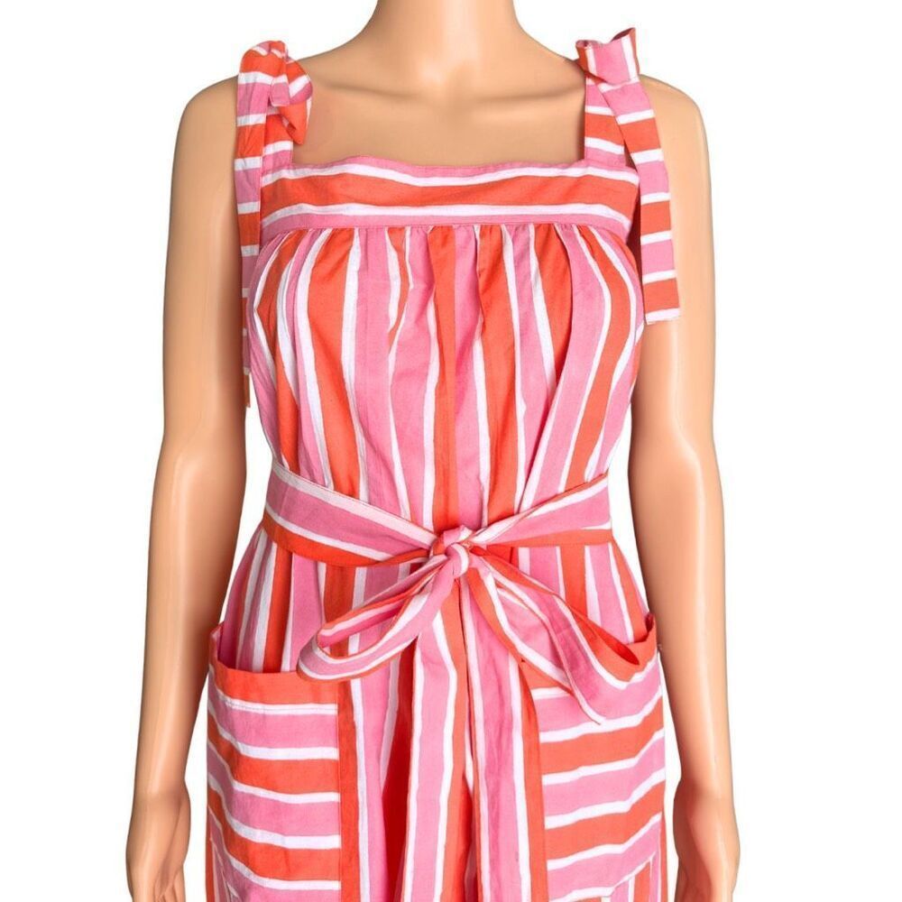 Pink City Prints Raspberry Stripe Palma Dress Small Tie Strap Midi Pockets - Picture 5 of 9